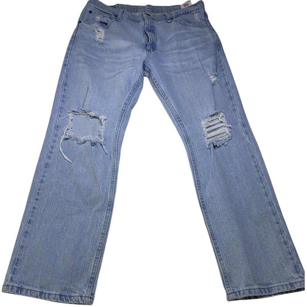 Wrangler Mens Jeans 34x30 Light Wash Distressed Ripped Straight Leg Grunge Denim